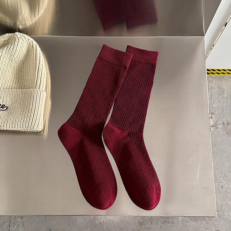 Ankela Red Socks Women's Mid-calf Wine Red Autumn and Spring Collection Red Pile Socks Polka Dot Angola Red