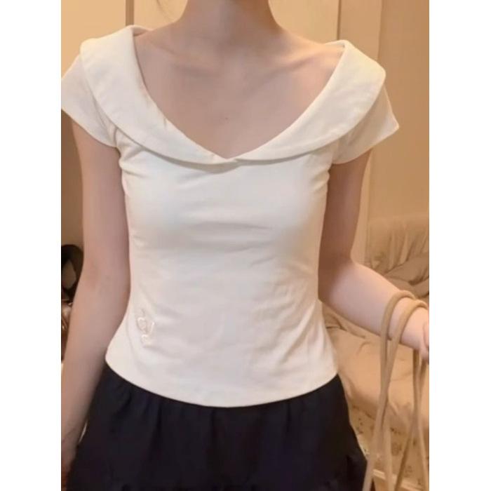[Pure Cotton] Embroidered Doll Collar Shoulder Short Sleeve T-Shirt Women s Slim Top S белый