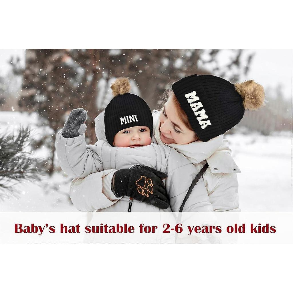 2PCS Parent-Child Beanie Hat Mama and MINI Embroidery Knitted Hat Winter Warm Cuffed Ski Cap with Pom Pom