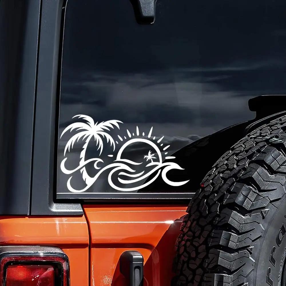 Tropical Palm Tree Sun Wave Sticker 1PC, Waterproof Durable Vinyl Decal for Car Window Bumper Laptop Decor