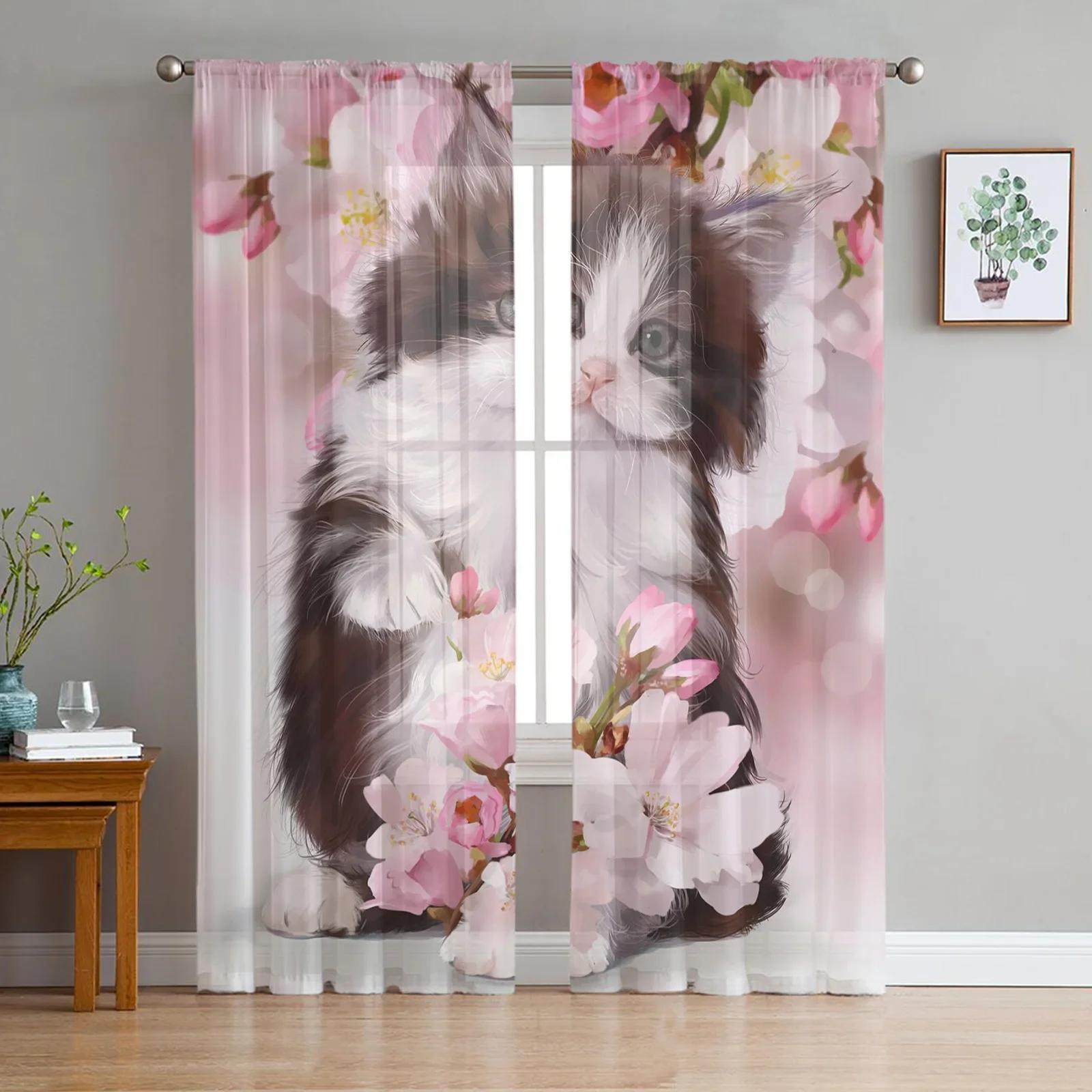 

Cute Pets Cat Tulle Curtains for Living Room Printed Sheer Sheer Fabric Curtain Ideal for Bedroom Window Screening Drapes Blinds Home Decor W135 x H115cm x1&Grommet Top