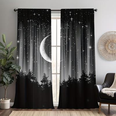 2PCS Sky & Forest Print Sheer Curtains – Rod Pocket, Polyester, for Living Room Bedroom Office Kitchen Café