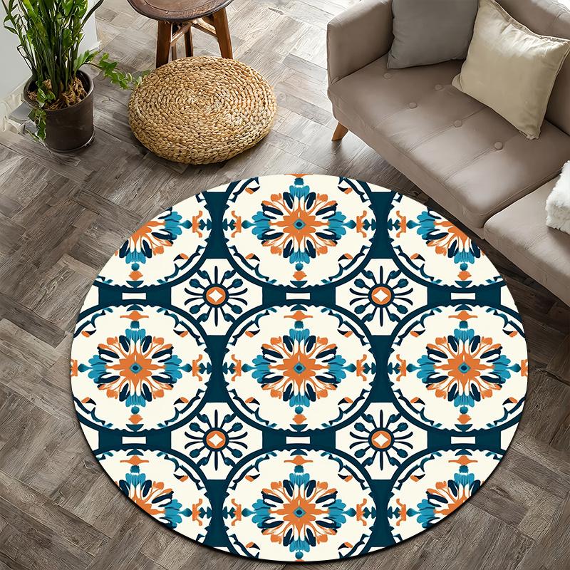 

Floral geometric retro style Flannel-printed round floor mats are slip-resistant Suitable for living room terrace garden carpets 60cm