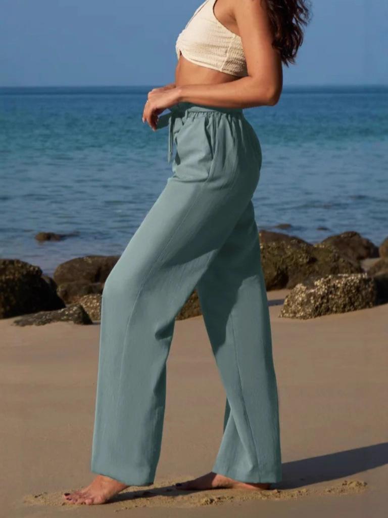 Women Tie Waist Wide Leg Pants Solid Color Casual Loose Fit Long Trousers