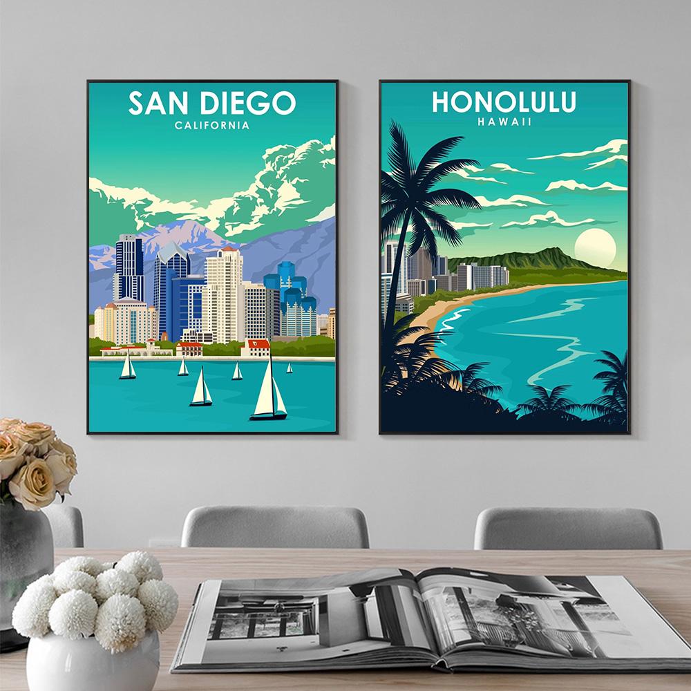 Abstrakte Cartoon Stadt Reise Drucke Poster Leinwand Malerei Hd Modern Wandkunst Bilder Für Wohnzimmer Schlafzimmer Heimdekoration