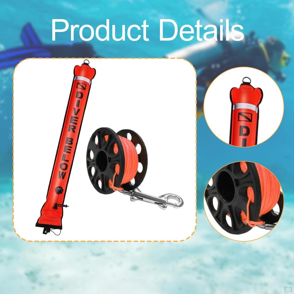 Compact Scuba Diving Surface Marker Buoy Set with Double-ended Clip, Signal Tube And Reel.