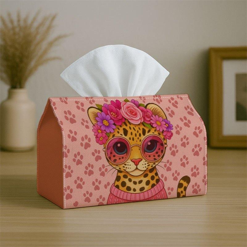 2D Flat,1pc Adorable Leopard Face Tissue Box Holder - Fun Pastel Vibrant Design, Party Tissue Container, Versatile for Kitchen And Dining, Sturdy Fabr