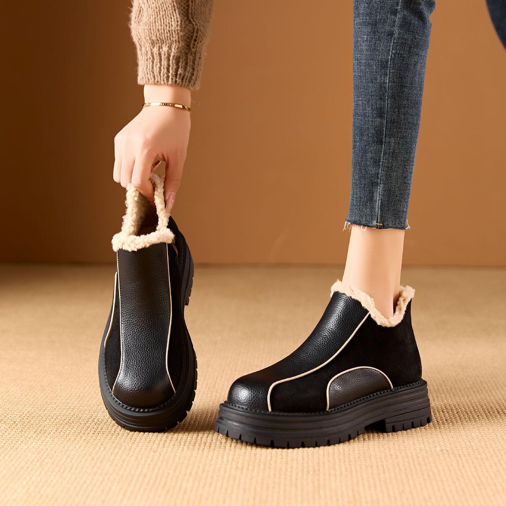 Women's Winter Chunky Platform Snow Boots Non-Slip Ankle Booties With Fur Lining Fuzzy Leather Walking Shoes Warm Comfortable Short Boots for Women