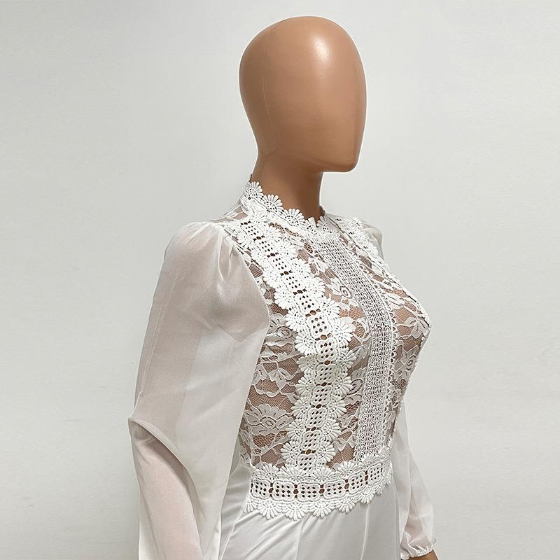 Women's High Collar Lace Lace Fashion Solid Color Chiffon Long Sleeve High Waist Jumpsuit