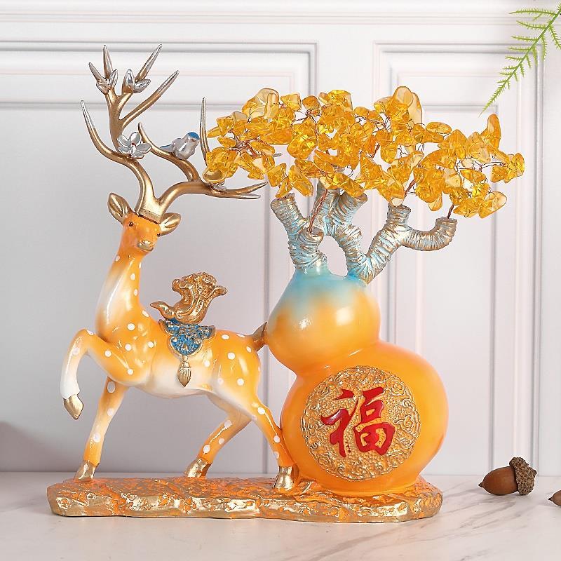 Crystal Wealth Tree Lucky Gourd Apple Elk Deer Resin Ornament Home Foyer Living Room Furnishing Crafts Office Desktop Decoration
