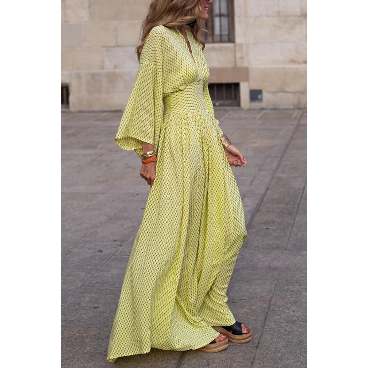 

Женское платье-туника с длинным рукавом и V-образным вырезом, приталенное, свободное, с широким подолом, для повседневной носки, весна-лето S жёлтый