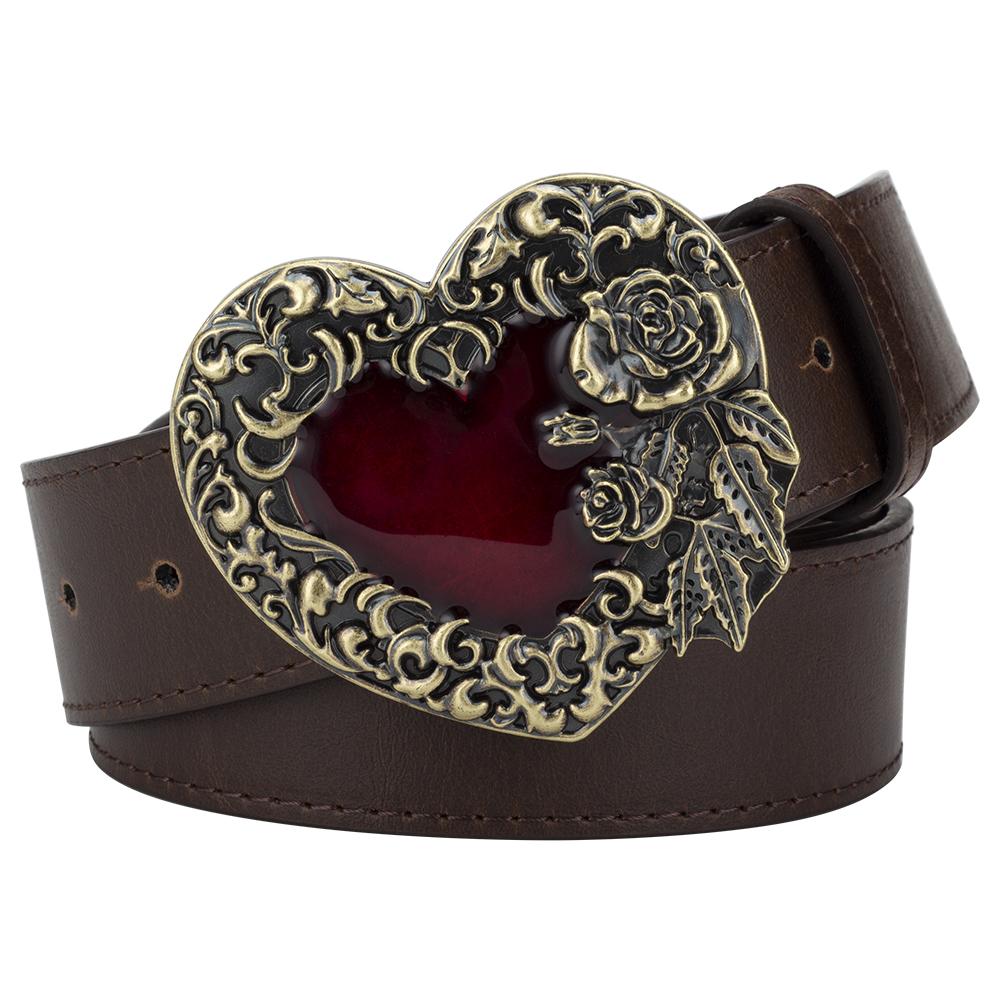 Fashion Belt Love Heart Metal Buckle Red Heart Rose Flower Design Punk Rock Belts Women Decorative Waistband Hip Hop