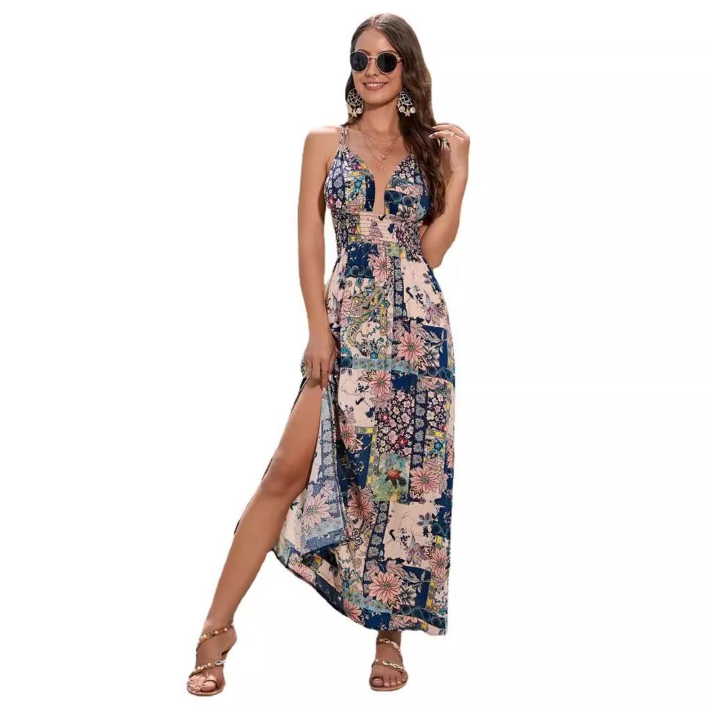 Spring Summer Deep V-neck Strap Dress Retro Vacation Beach Dress