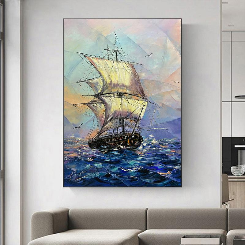 Abstract Ship Canvas Painting Sailing Wall Art Sail Boat Wall Art Seaside Wall Decor Sea Sunset Poster Living Room Decor Unframe