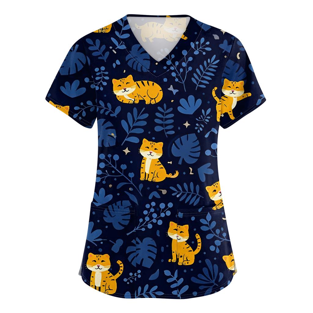 Women's Casual Short-Sleeve Cute Animal Print V-Neck Pocket Workwear Top