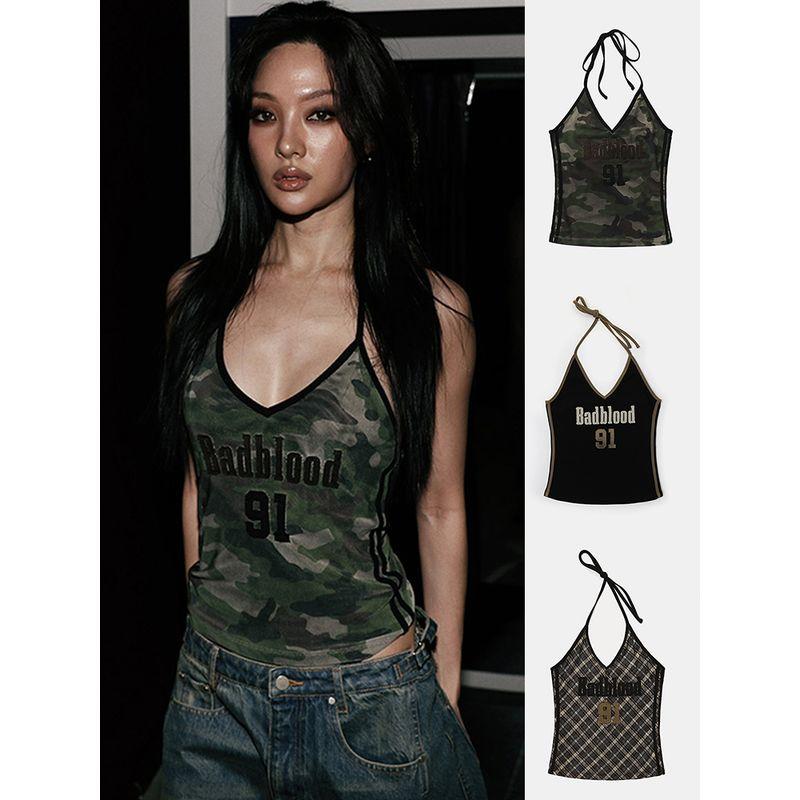 South Korea Badblood American Vintage Gyaru Hanging Neck Sexy Pure Desire Camouflage Vest Sling Women Niche Top Tide