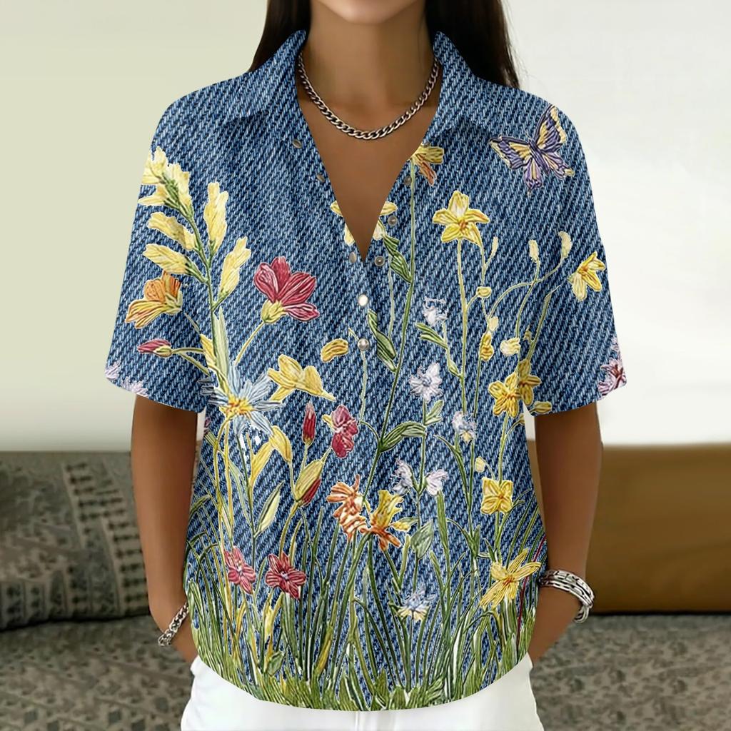 Women Vintage Floral Print Short Sleeve Shirt Loose Fit Button Down Collar Top Casual Linen Cotton Blend Blouse