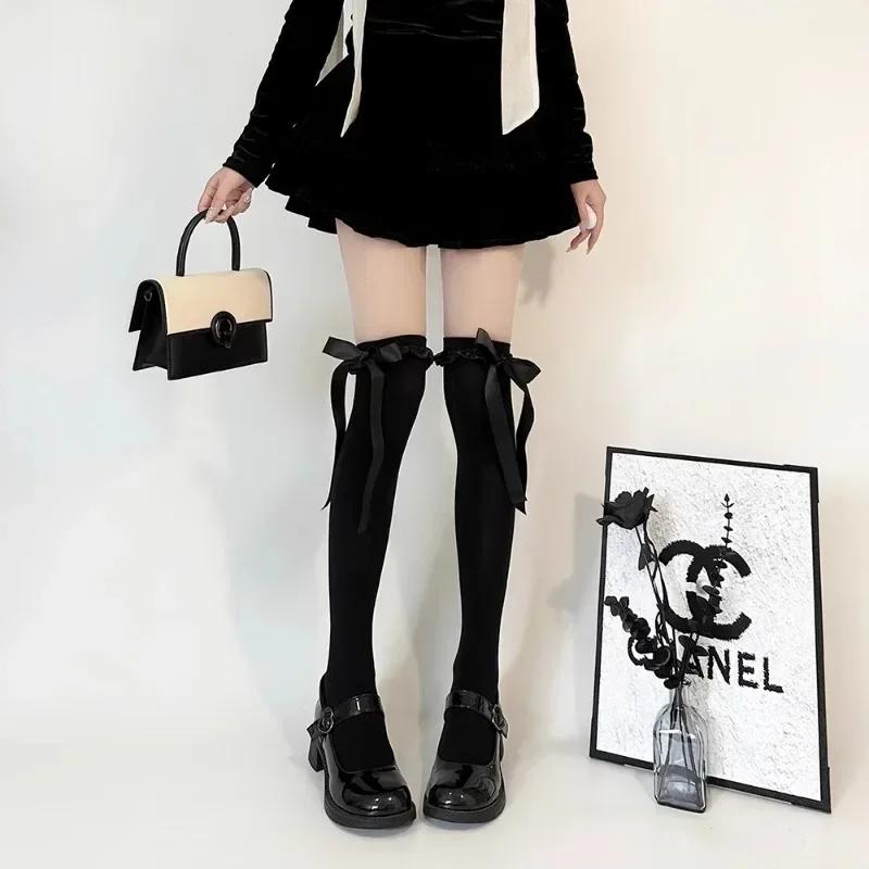 Women'S Delicate Bow Velvet Thigh High Stockings Spring Summer Soft Lolita Lace-Trimmed Bow Ribbon Jk Thin Over-The-Knee Socks