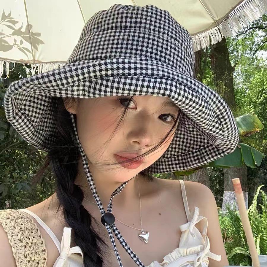 Fashionable Bucket Checkered Hat For Women Adjustable Size Uv Protection Cap Summer