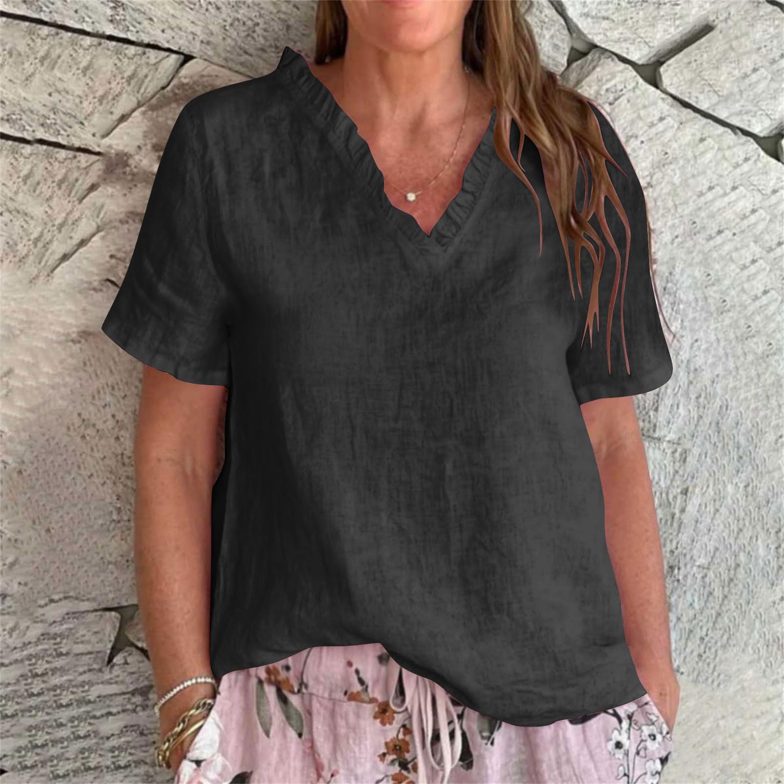 

Женская модная свободная футболка с V-образным вырезом и коротким рукавом Повседневный топ S чёрный