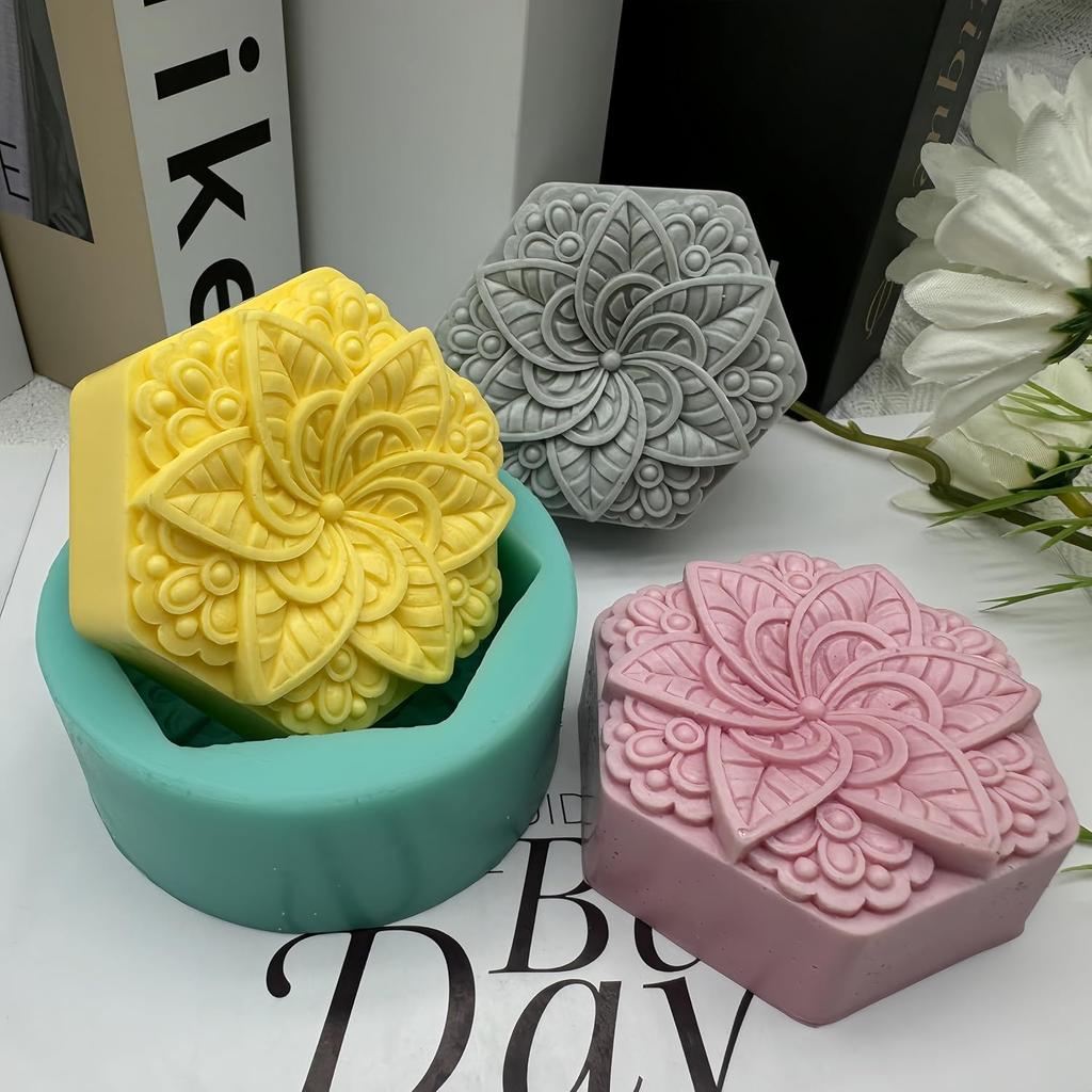 Hexagon Classical Pattern Soap Mold Candle Wax Molds,Decorated Epoxy Resin Aroma Plaster Diffuser Mould,DIY Silicone Mould for Handmade Soap Making
