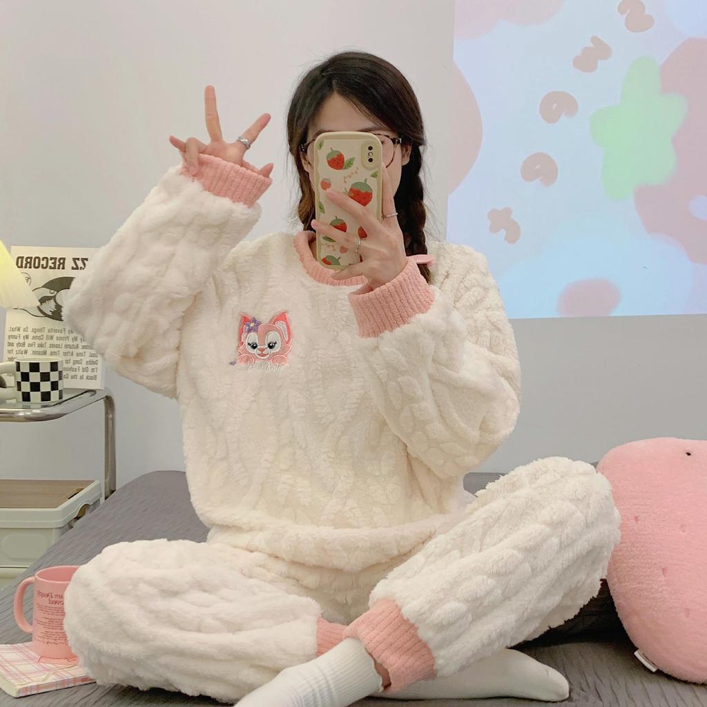 Damski Słodki Kreskówkowy Flanelowy Zestaw Piżamowy - Gruby, Podszyty Polarem i Przytulny na Jesień i Zimę