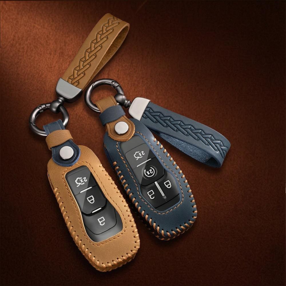 Genuine Leather Smart Key Case For Ford Mustang Explorer Edge Focus Escape Mondeo F-150 Lincoln Mkz Mkc Mkx Mkt Key Fob Cover