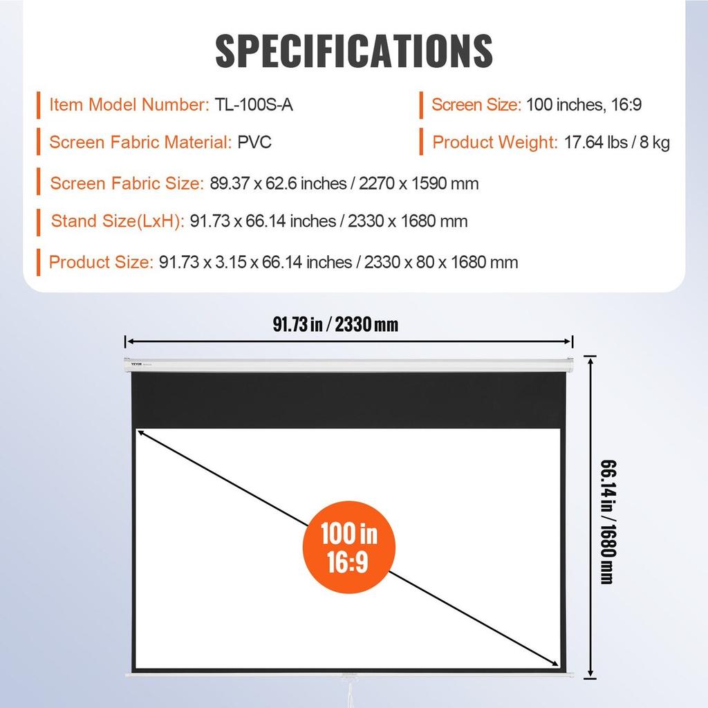 Manual Pull Down Projector Screen, 100 Inch 16:9 4K 1080 HD Retractable Projector Screen, Auto-Locking Portable Projection Screen, Portable Projector