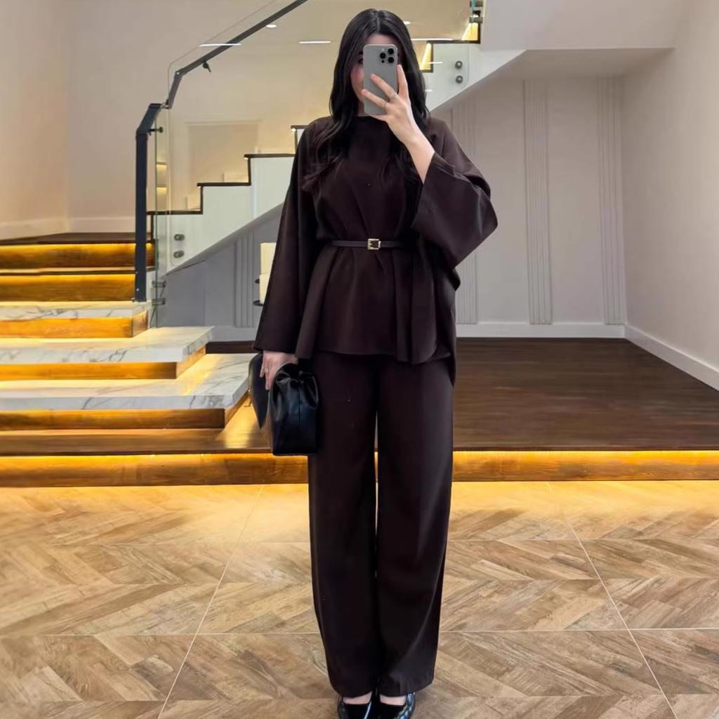 Abbigliamento donna europeo e americano transfrontaliero Amazon sexy scollo rotondo cintura casual manica lunga semplice pantaloni a gamba larga set