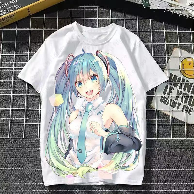 Japońska Postać Anime Słodka MIKU Letni Damski Top z Okrągłym Dekoltem Koszulka Graficzna