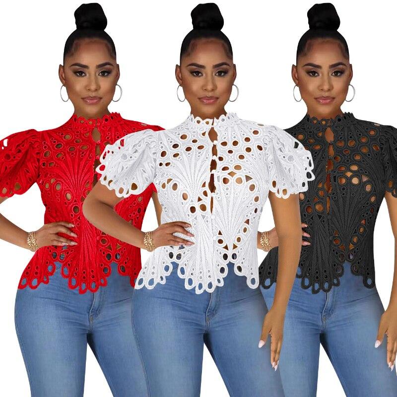 Hollow Out Nightclub Women Sexy Blouse Puff Sleeve Vintage Summer Top Button Up Stand Irregular Elegant Shirts Lady Blusas 26527