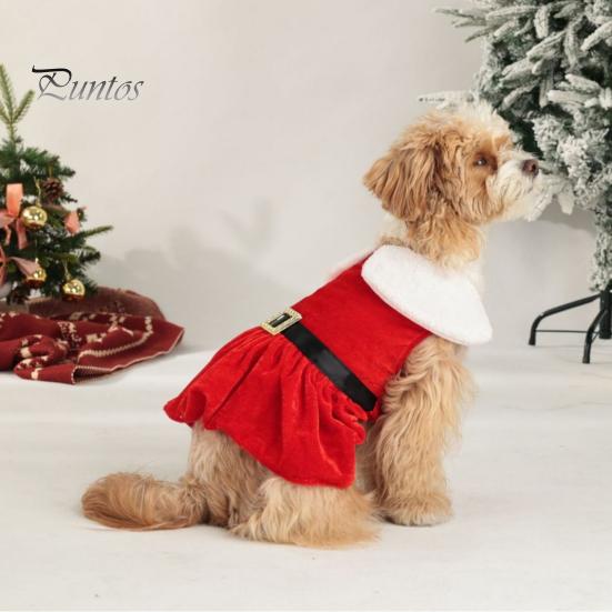 Easy to Wear Dog Apparel Christmas Velvet Dress, Red Festive Dress with Fleece Collar, Cute Sleeveless Puppy Clothes for Cold Weather Cozy Holiday