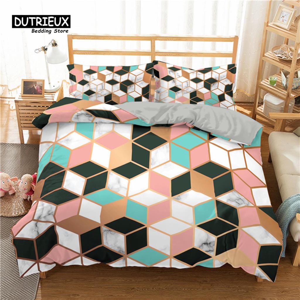 Geometric Bedding Set Microfiber Abstract Triangle Marble Pattern Print Duvet Cover With Pillowcases Teens Adults Bedroom Decor