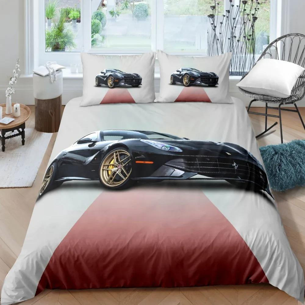 Luxurious Sports Car Bedding Set Black White Racing Bike Bed Linen Polyester Duvet Cover with Pillowcase for Teens Adults Decor