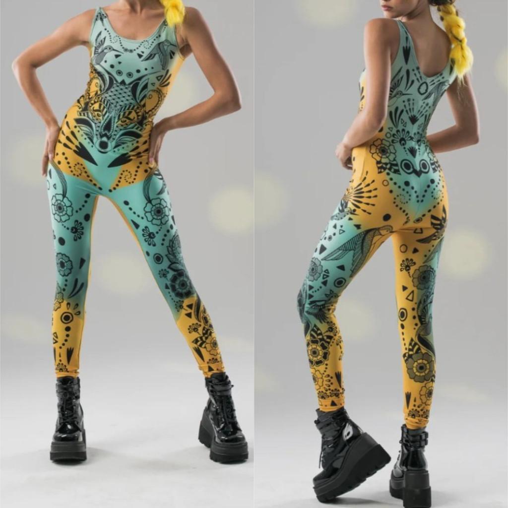 Unisex Cyber Punk Tattoo Patterned Blue Tights Women Backless 3D Digital Bird Printing Halloween Party Role Play Outfit Costume Jumpsuit