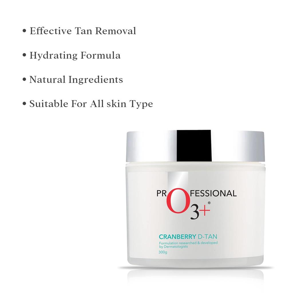 O3+ Cranberry D-Tan® with Natural Extracts for Tan Removal & Sun Damage Protection Ideal for Oily Skin (De Tan, 300 G)