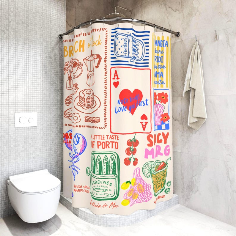 Hand Drawn Doodle Brunch Shower Curtain With Coffee Pastry Lobster Pattern, Unique Bathroom Decor For Housewarming Gift