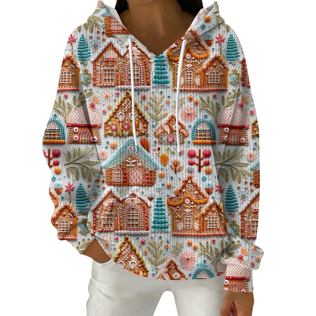 Women's Fashion Casual Christmas Print Pullover Long-Sleeve Hooded Sweatshirt
