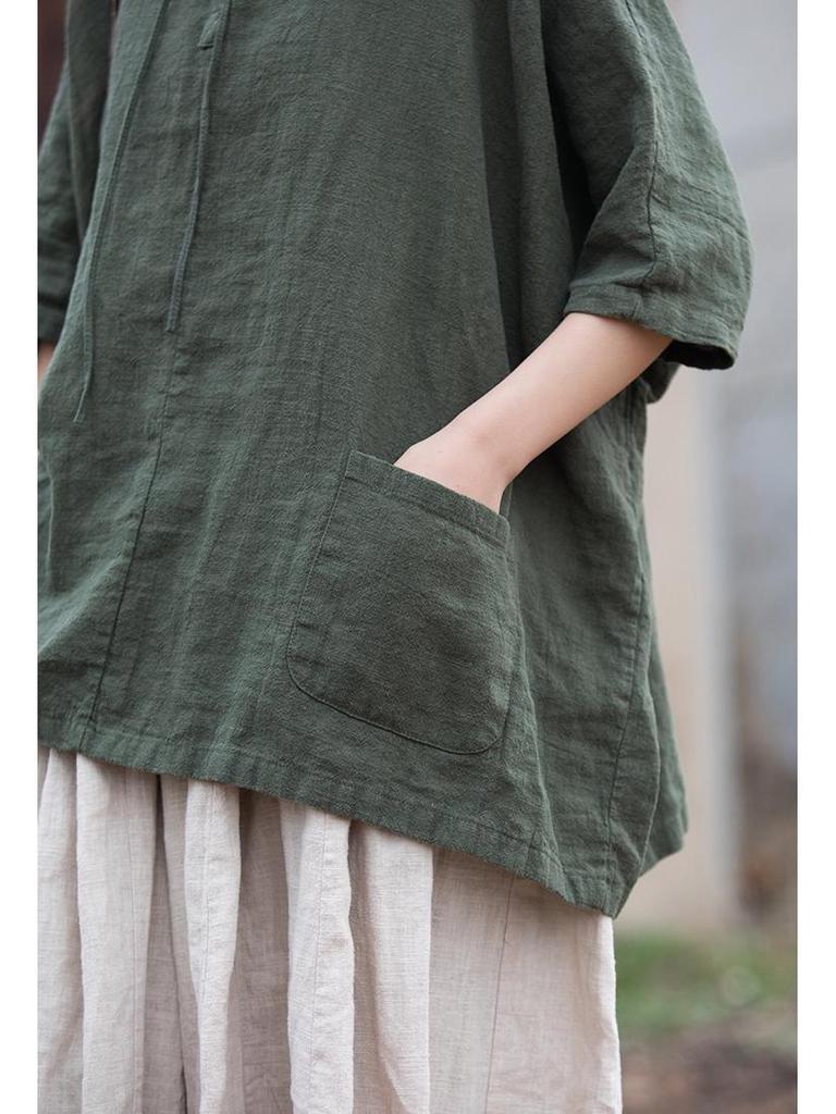 Women's Cotton Linen Hooded Frog Button T-shirt - Autumn/Winter Short Sleeve Sun Protection