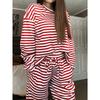 Women's Solid Color Simple Striped Pajama Set, Adjustable Drawstring Pants and Contrasting Round Leader Top Combination