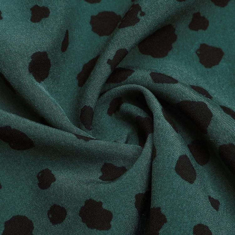 Green Leopard Print Chic Women Dress High Waist Long Sleeve V Neck Long Dress
