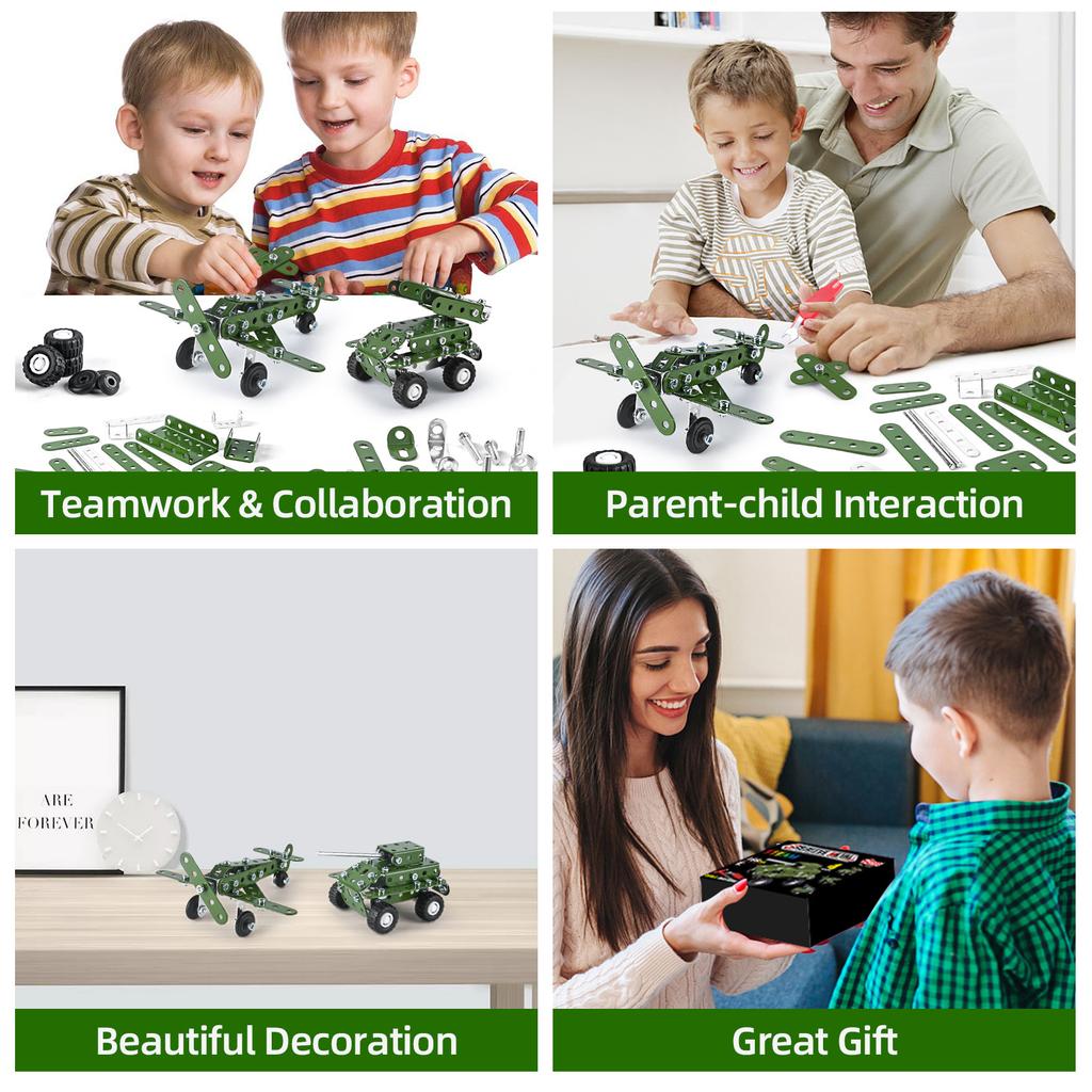 4in1 Metal Aircraft Building Blocks Model Car Truck Tank Set Screws Block DIY Assembly Toy 3D Metal Engineering Vehicle Kit Gift
