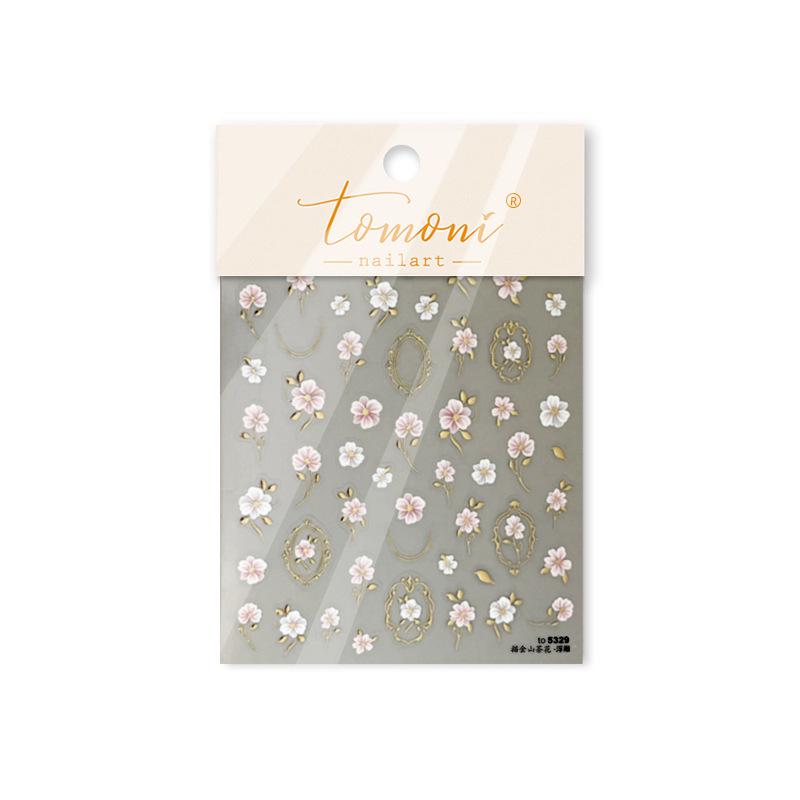 Tomoni 3D Embossed Gold-Plated Camellia Nail Stickers - Retro Luxury DIY Style.
