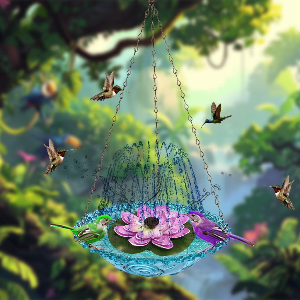 Hanging Bird Bath with Lotus Flower Design Glass Bowl and Metal Chain for Outdoor Garden Decoration Water Feeder for Birds