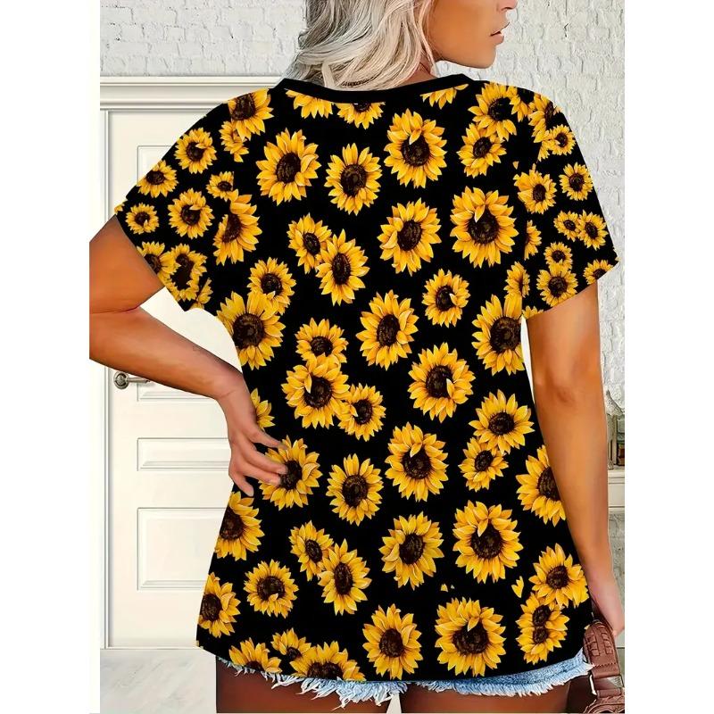 Plus Size Women's 3D Printed Sunflower Pattern T-shirt An Elegant Casual Crew Neck Short Sleeved Top