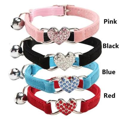 1Pc Cat Collar Adjustable Rhinestone Heart Bell Design Velvet Small Pet Collar