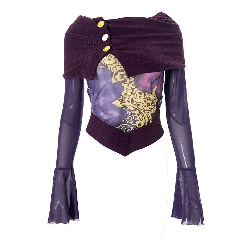 

W176Tp European and American Cross-Border 2024 Autumn New Style One-Shoulder Long-Sleeve Printed Patchwork Mesh Slim-Fit Short Women s Top Purple W176Tp S