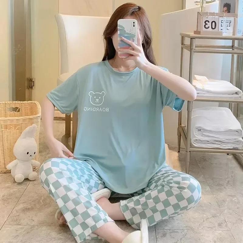 Pyjamas Set for Womenshort Sleeve Long Pants Student Pajamas Cartoon Plus Size Plaid Trousers Loungewear Two-Piece Setpajamas Wo