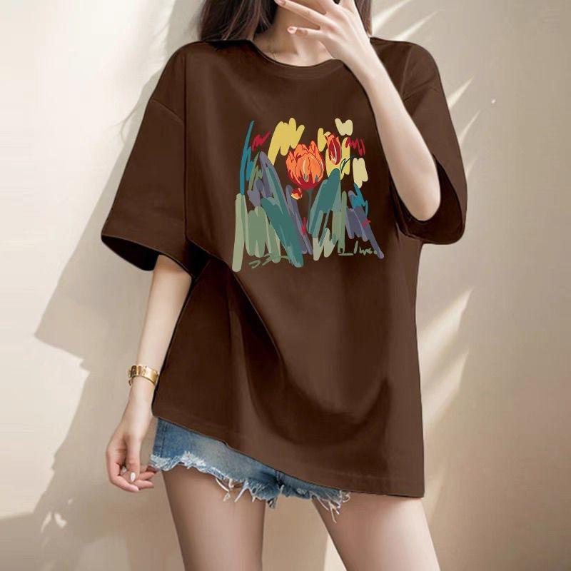Women Clothing Chic Hand-Painted Flower Printing T-shirt Summer Elegant Fashion Pure Cotton Basic Top Tee Lady Loose Pullovers