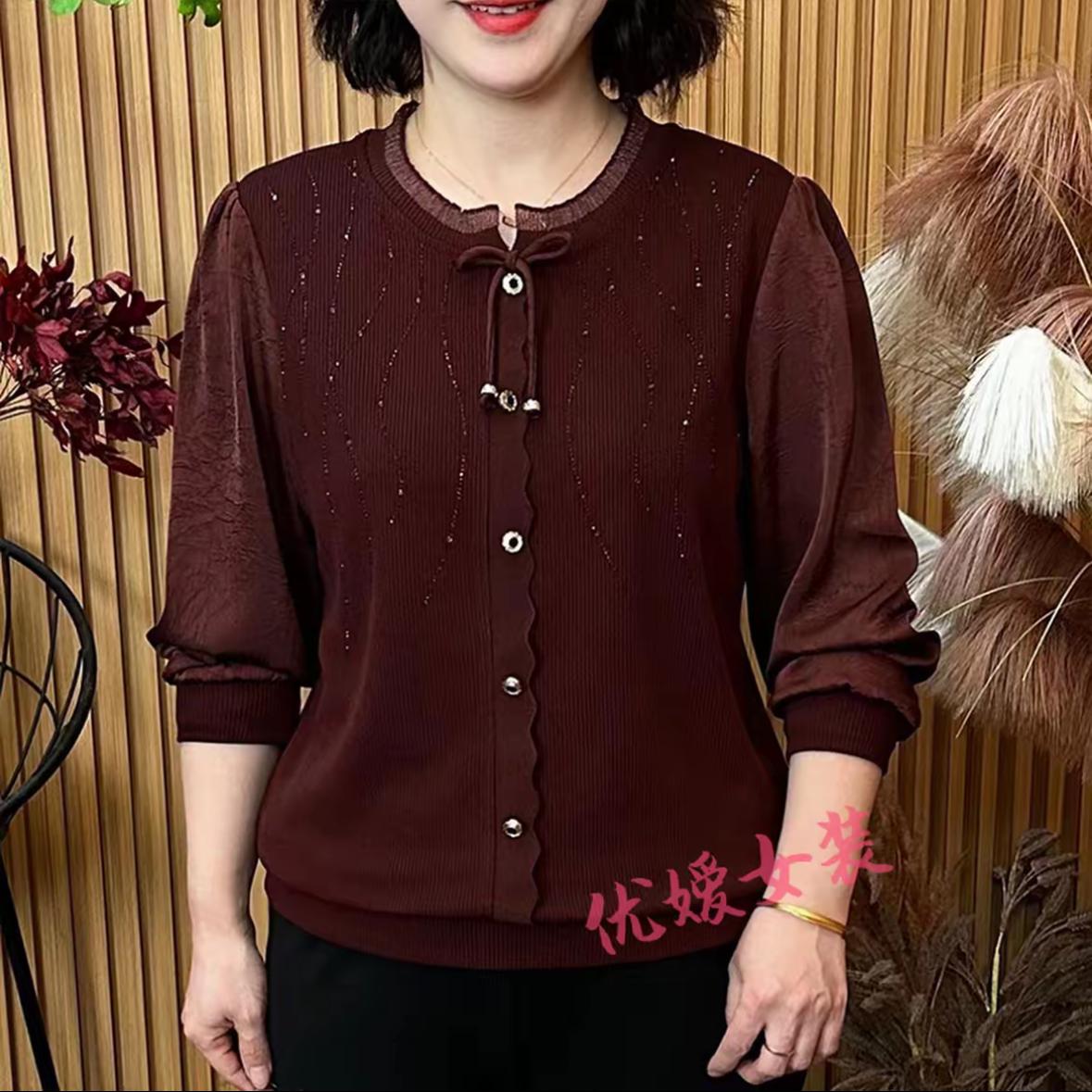 

Spring Chinese Style Round Neck Lace-Up Rhinestone Slimming Top with Lace Patchwork for Mothers 3XL (125-135 jin)